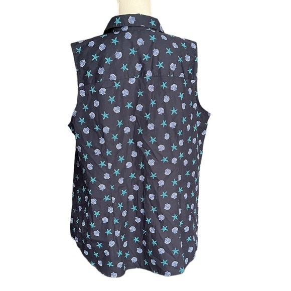 Talbots Top Button Up Sleeveless Plus Size 1X Navy Blue Starfish Shells NEW - Picture 4 of 7